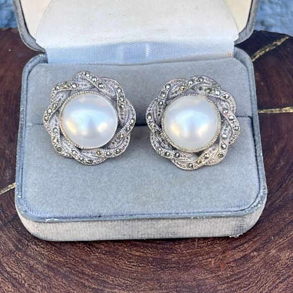 Vintage Marcasite Judith Jack Earrings in Sterling Silver Faux Peal Large Studs - Picture 1 of 8